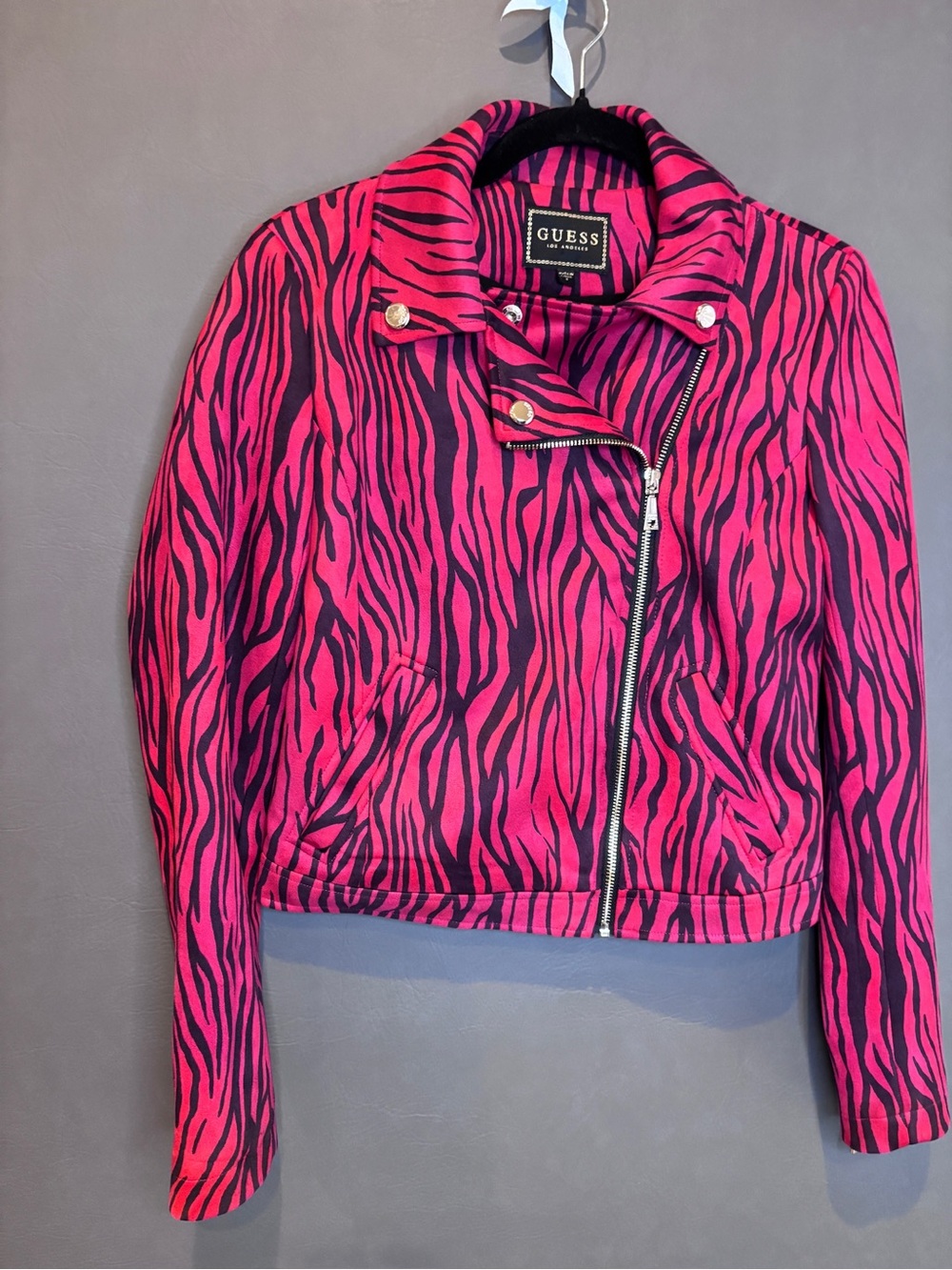GUESS Hot Pink and Black Zebra-Print Moto Jacket